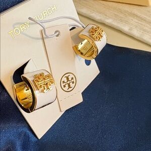 Tory Burch White and Gold Logo Hoop Earrings